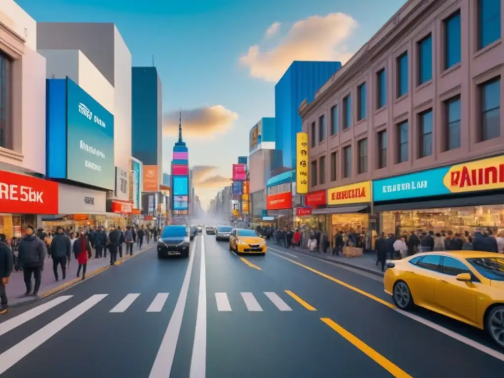 Escena urbana próspera: Beneficios fiscales y Exenciones en la ciudad Una animada calle comercial con letreros de 'Beneficios fiscales' y 'Exenciones', reflejando prosperidad y oportunidad