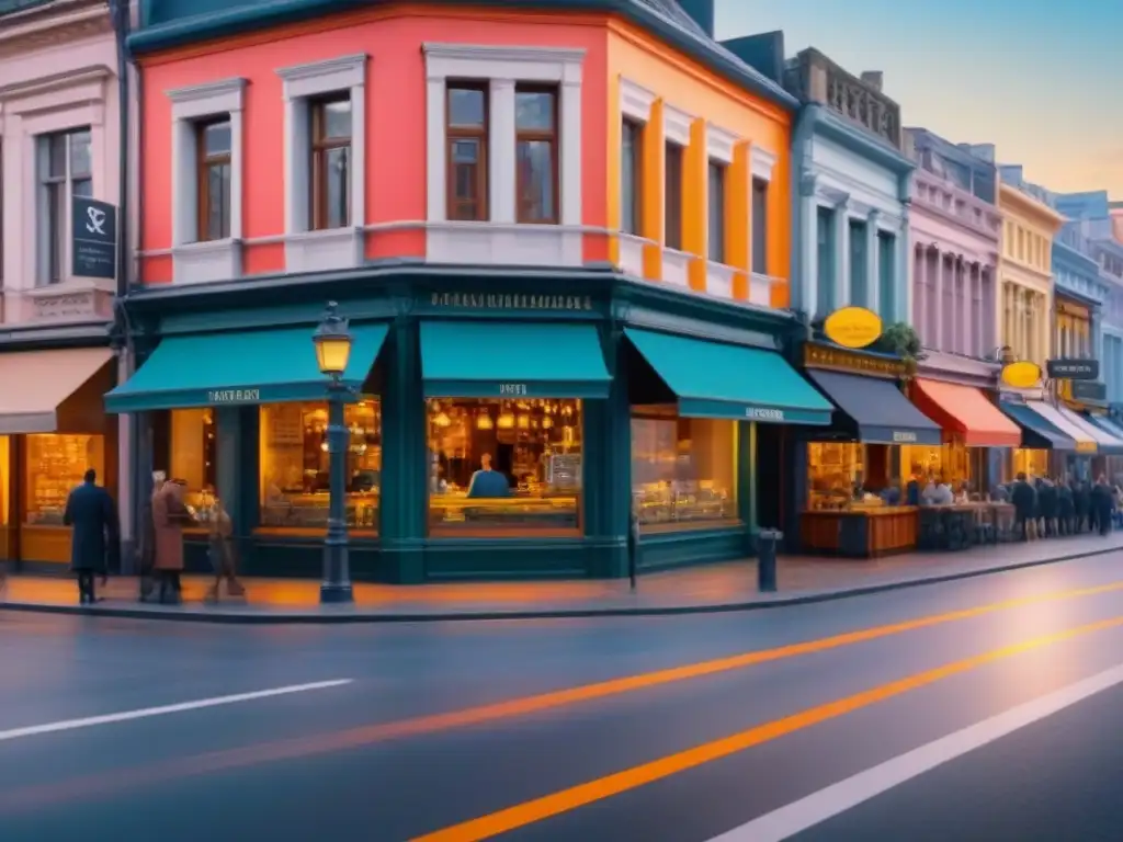 Escena urbana vibrante para seguro multirriesgo Una animada calle comercial llena de negocios diversos, como cafeterías y boutiques, ideal para Seguros Multirriesgo Propiedades Comerciales