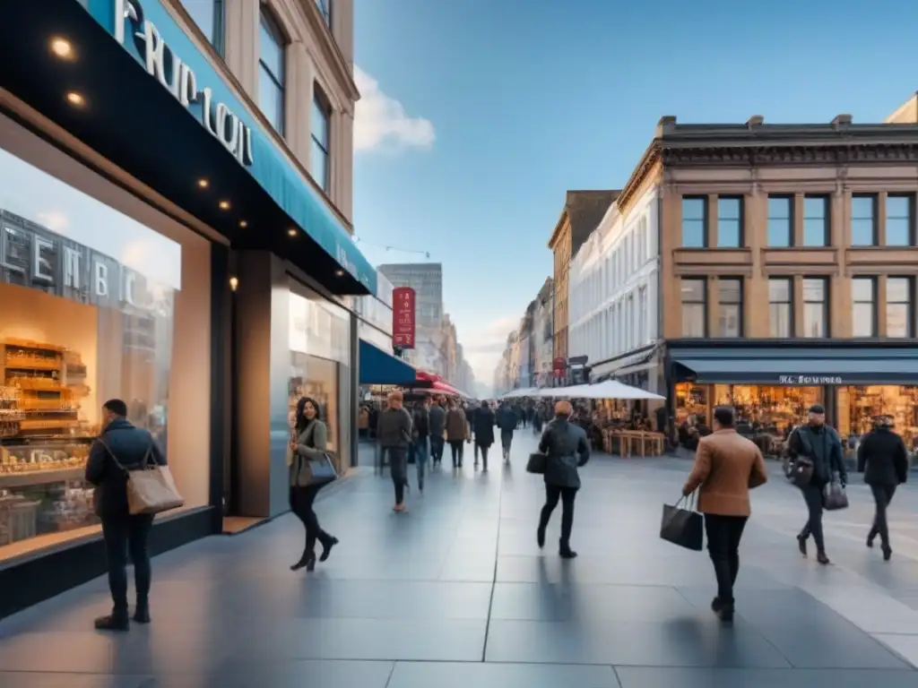 Vibrante escena urbana: Tiendas, cafés y peatones en un bullicioso bulevar Animada calle comercial con tiendas diversas y gente paseando, reflejando la vitalidad de un distrito comercial