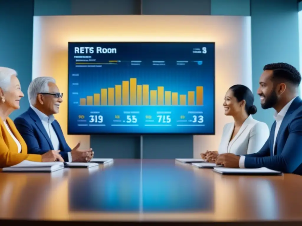 Discusión profesional sobre REITs: Seniors en sala moderna Una animada discusión sobre Inversión en REITs para jubilación en sala moderna y elegante