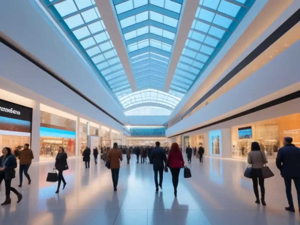Centro comercial vibrante: diversidad y modernidad en acción Un animado atrio de centro comercial con diversidad de personas disfrutando de compras y actividades, reflejando modernidad y vitalidad