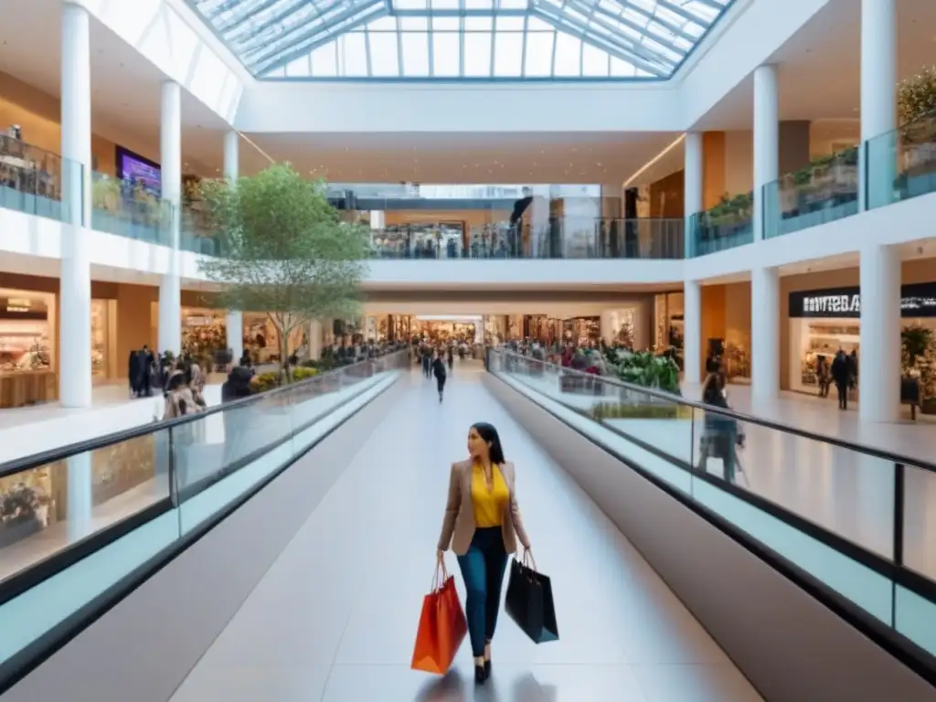 Centro comercial moderno y vibrante con tiendas de moda y luz natural Un animado atrio de centro comercial moderno con luz natural, tiendas de moda y zonas de descanso