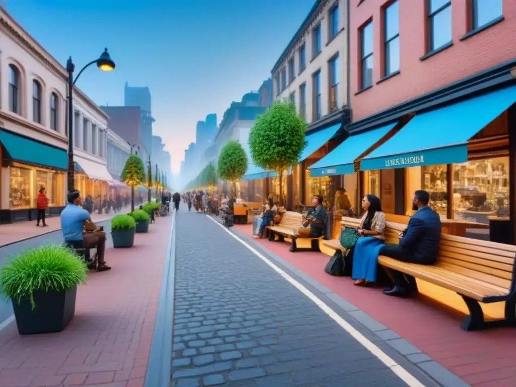 Escena urbana vibrante con peatones y esculturas modernas Un animado bulevar citadino con escaparates coloridos y vegetación, iluminado por modernas esculturas y bancos