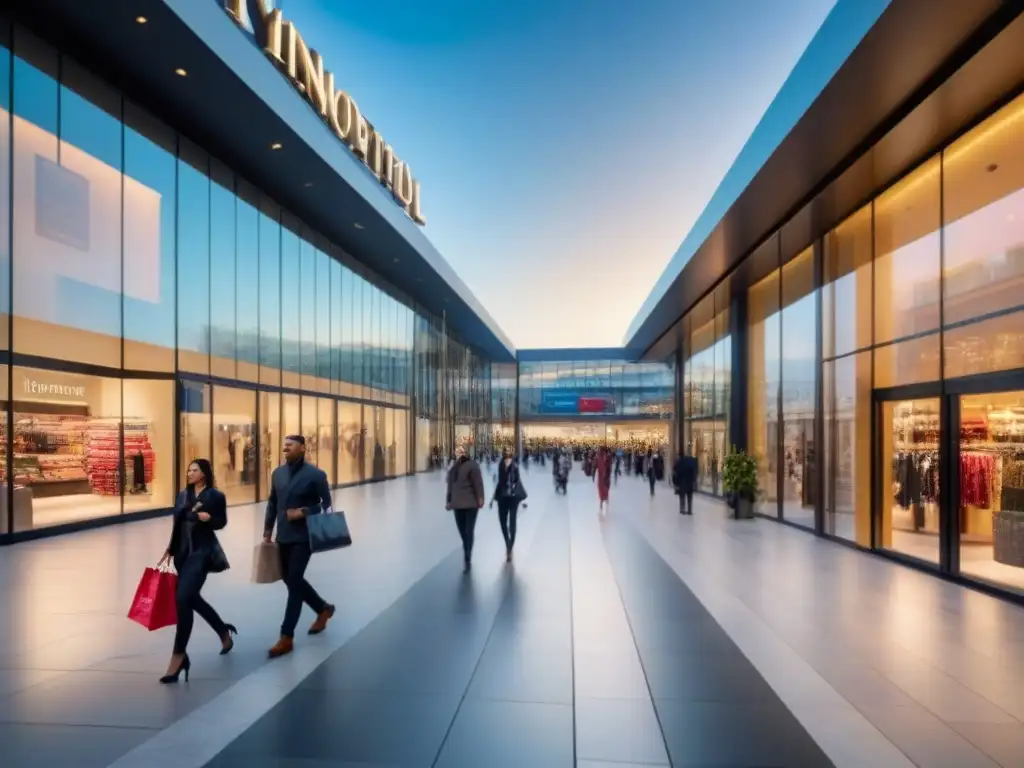 Centro comercial moderno y vibrante: inversión en bienes raíces comerciales Un animado centro comercial moderno con arquitectura elegante, fachadas de vidrio y diversidad de tiendas