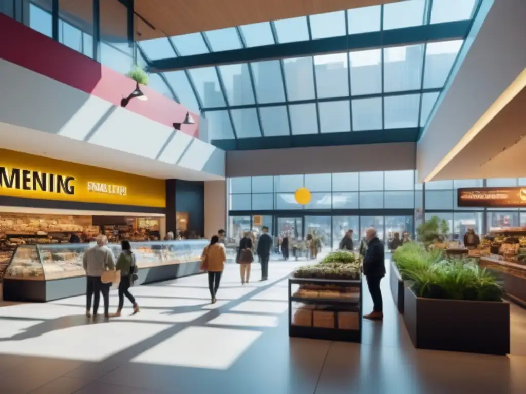 Centro comercial vibrante con diversidad de personas y tiendas modernas Un animado centro comercial moderno con diversidad de personas disfrutando de compras y socializando
