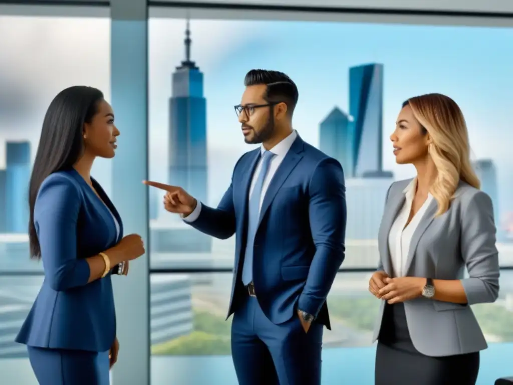 Profesionales debatiendo sobre REITs en oficina moderna Un animado debate sobre Fiscalidad REITs en una oficina moderna con diversidad de profesionales analizando gráficos financieros