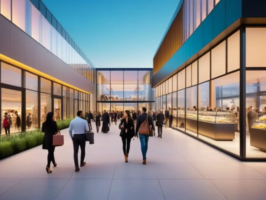 Escena urbana multicultural: vitalidad y modernidad en un espacio comercial Animado espacio comercial multifuncional con gente variada disfrutando de compras y socialización durante la noche