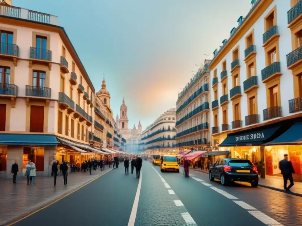 Escena inmobiliaria española: impacto dinámico del Brexit Animado mercado inmobiliario en España: rascacielos modernos y arquitectura tradicional se fusionan, reflejando el impacto dinámico del Brexit