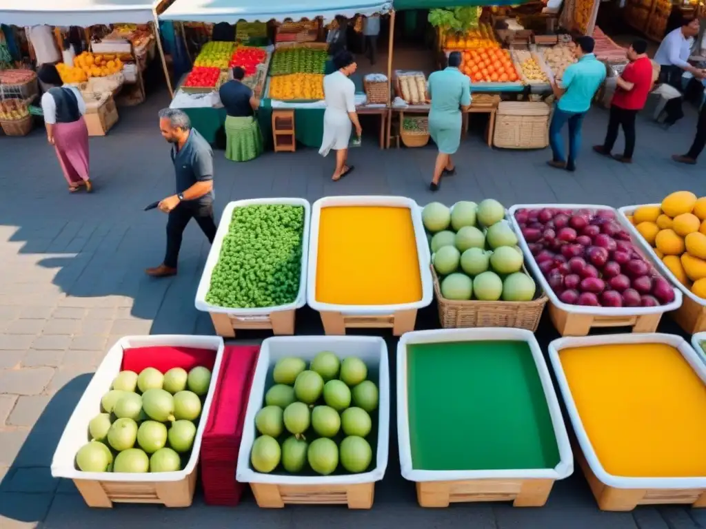 Mercado local español: colorido y vibrante con frutas frescas y textiles Un animado mercado local español con puestos de frutas, textiles coloridos y clientes diversos, reflejando la dinámica economía local en España
