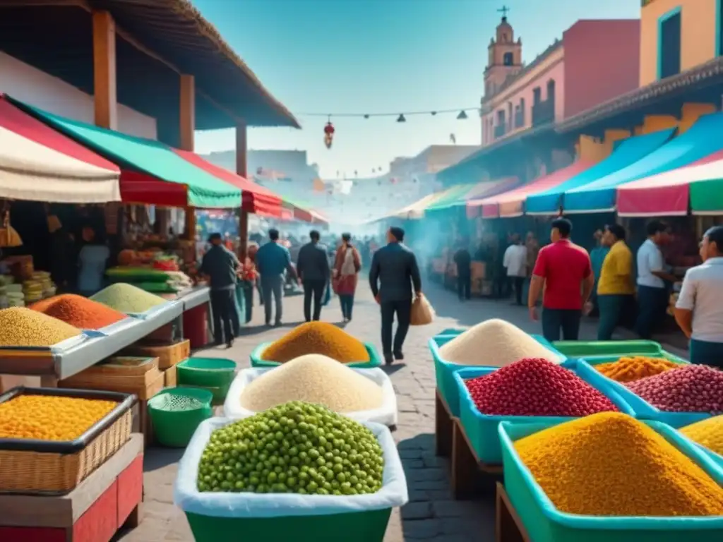 Vibrante mercado mexicano: colores, diversidad y cultura en 8k Un animado mercado mexicano con puestos de diversos productos y colores vibrantes