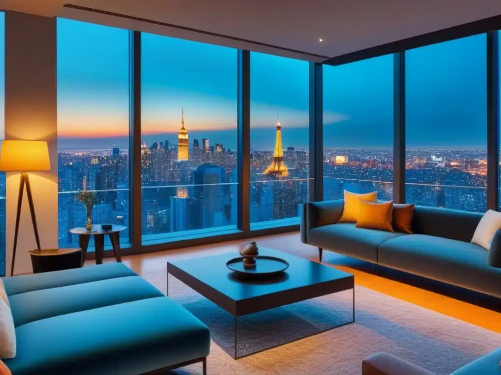 Penthouse de lujo con ventanales y vista urbana al atardecer Apartamento de lujo con ventanales y vista a la ciudad al atardecer