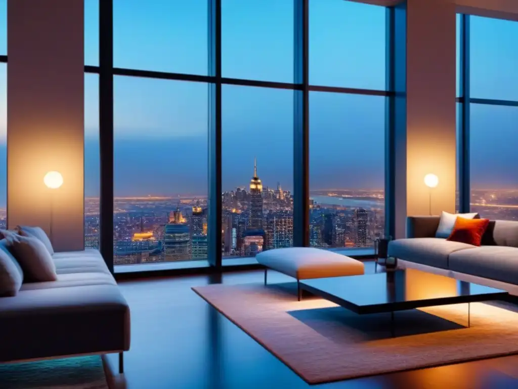 Penthouse moderno con vistas nocturnas a la ciudad Apartamento de lujo con vista nocturna a la ciudad, mobiliario moderno y elegante