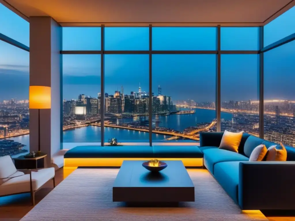 Penthouse moderno con vistas nocturnas a la ciudad Apartamento de lujo con vista nocturna a la ciudad y mobiliario elegante