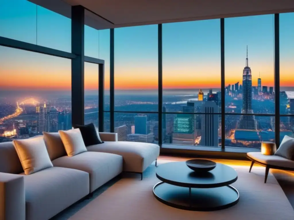 Penthouse de lujo con vista panorámica al atardecer en ciudad moderna Apartamento de lujo con vistas a una ciudad al atardecer, ideal para modelos predictivos en inversiones inmobiliarias