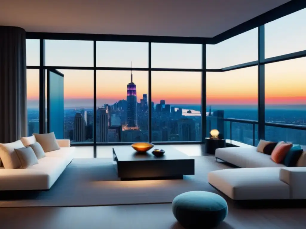 Espectacular apartamento moderno con vista panorámica a la ciudad Un apartamento moderno de lujo con ventanales de piso a techo y vistas a la bulliciosa ciudad, amueblado con diseño contemporáneo y toques de color vibrantes, mostrando la diversificación de una cartera inmobiliaria