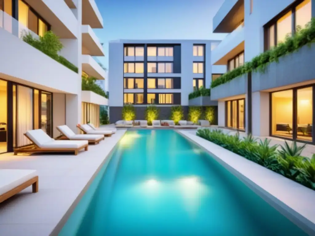 Invertir en apartamentos para estudiantes: Complejo moderno de lujo con diseño arquitectónico elegante, estudiantes disfrutando de áreas comunes