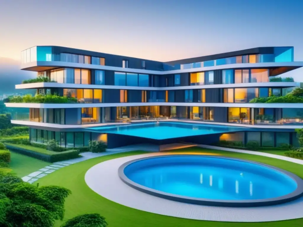 Invertir en apartamentos para estudiantes: Complejo residencial futurista con exteriores de vidrio, rodeado de vegetación y comodidades modernas