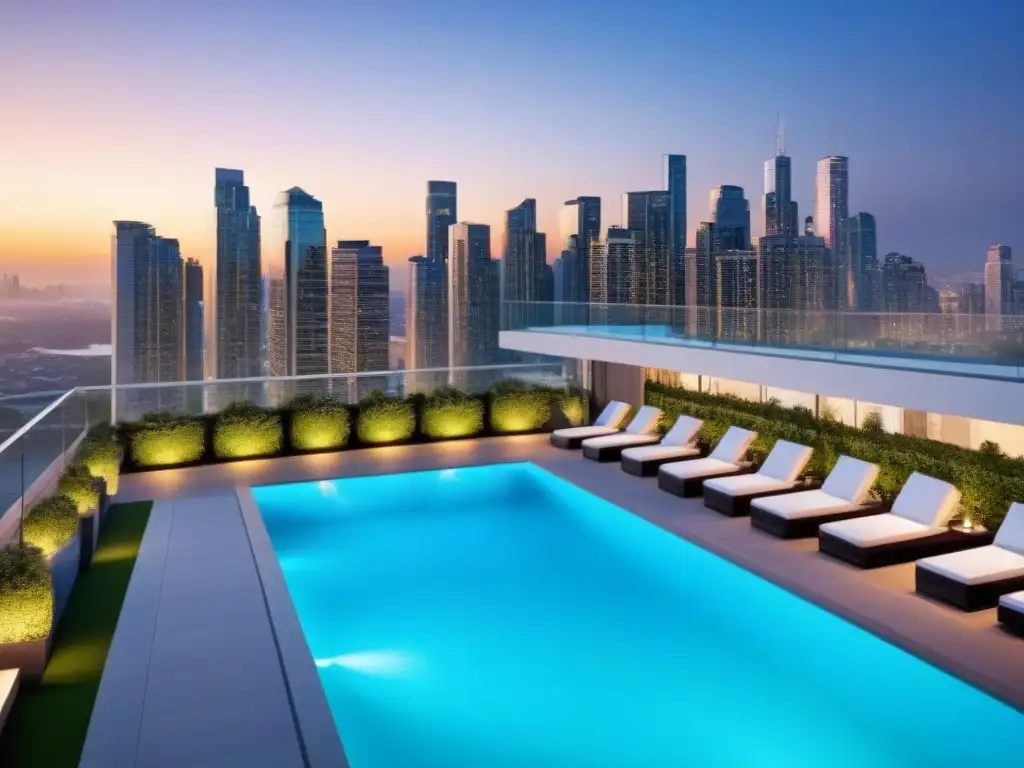 Residencial de lujo con vistas a la ciudad al atardecer Apartamentos de lujo con diseño moderno, rodeados de exuberante vegetación y una ciudad iluminada al atardecer