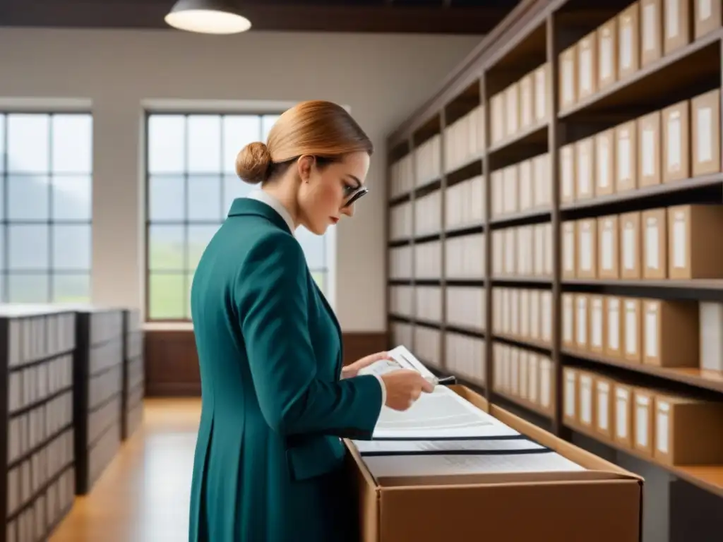 Salón de archivos históricos: conservación y precisión Un archivista examina documentos en una sala moderna y bien iluminada, resaltando la importancia de la documentación en la conservación del patrimonio