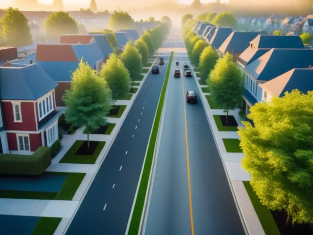 Barrio urbano moderno con calles arboladas y vida activa Vivir en armonía en un barrio urbano moderno con zonas verdes y poco tráfico