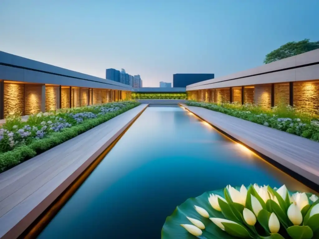 Armonía urbana: oasis acuático moderno entre naturaleza exuberante Armoniosa restauración sistemas acuáticos urbanos con cascadas de agua y exuberante vegetación