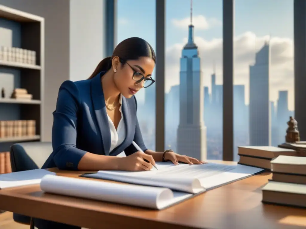 Experta arquitecta en restauración histórica Una arquitecta hispana examina detalladamente planos y documentos legales en una oficina moderna y soleada, con vista a la ciudad