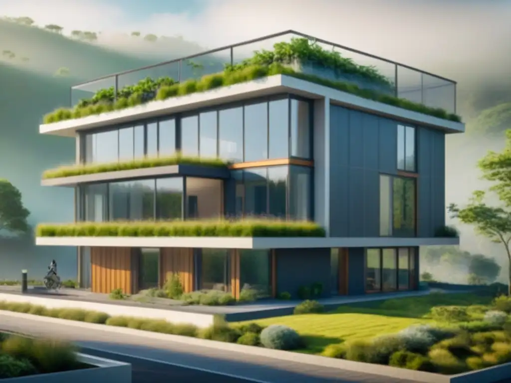 Edificio ecológico: armonía moderna y sustentable Arquitecto especializado en proyectos verdes: edificio ecológico con techo verde, paneles solares y diseño sostenible en armonía con la naturaleza
