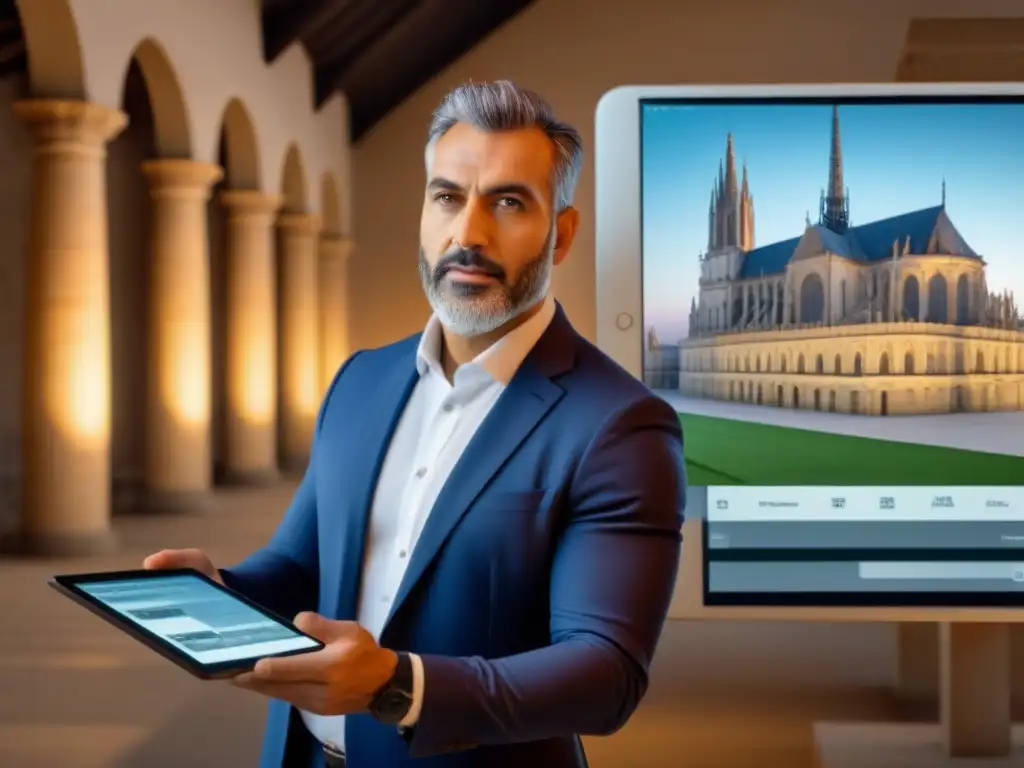 Arquitecto experto en fotogrametría: precisión y tecnología Un arquitecto experto en Fotogrametría en restauración arquitectónica, concentrado en modelos 3D en una tablet digital