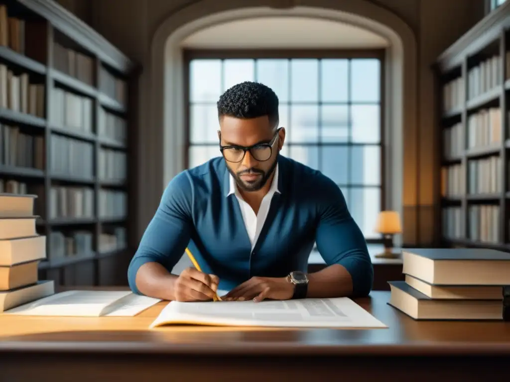 Arquitecto moderno en estudio de preservación histórica Arquitecto experto analiza planos y diseños en su estudio, rodeado de libros sobre leyes de patrimonio y zonas históricas