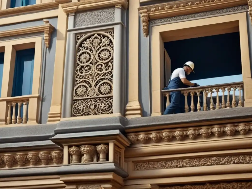 Restauración arquitectónica: precisión y belleza en detalle Un arquitecto restaura con meticulosidad detalles históricos en fachada antigua, fusionando técnicas tradicionales y modernas