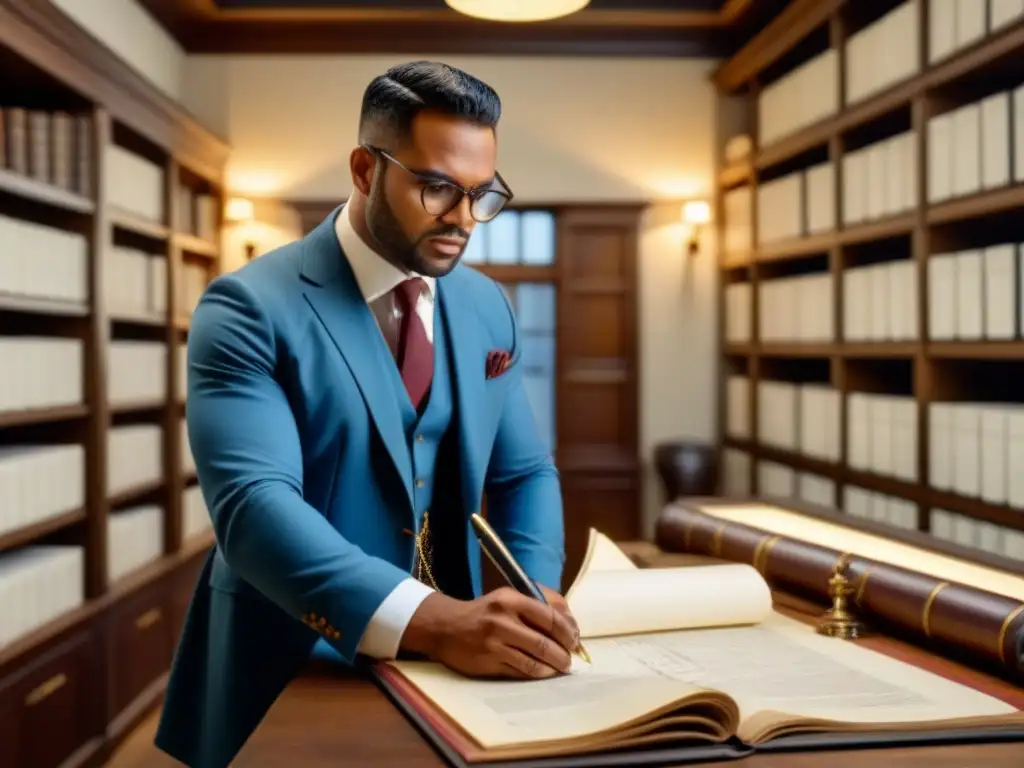 Arquitecto estudia normativas para restauración histórica inmobiliaria entre documentos antiguos y bocetos arquitectónicos