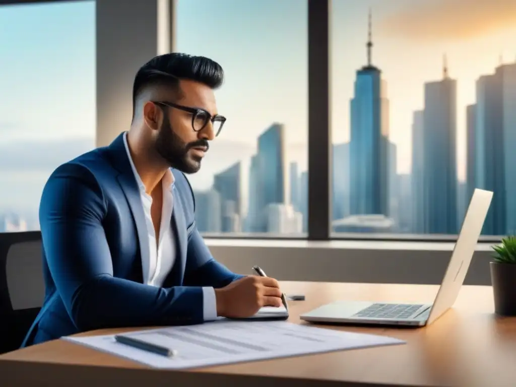 Arquitecto diseñando planos en oficina moderna con vista a la ciudad Arquitecto en oficina moderna con planos y herramientas, buscando las mejores opciones hipotecarias construcción propiedades