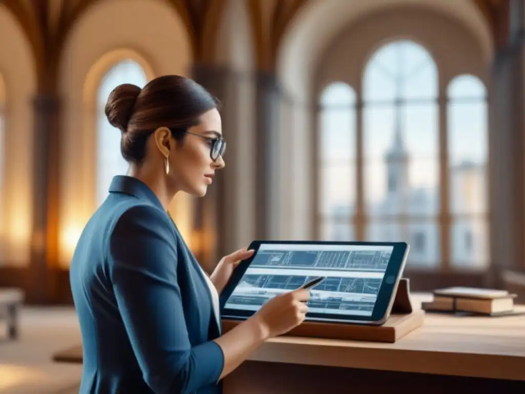 Arquitecto fusiona tradición y tecnología en detalle 8k Arquitecto analizando planos de edificio histórico con herramientas modernas y tablet 3D