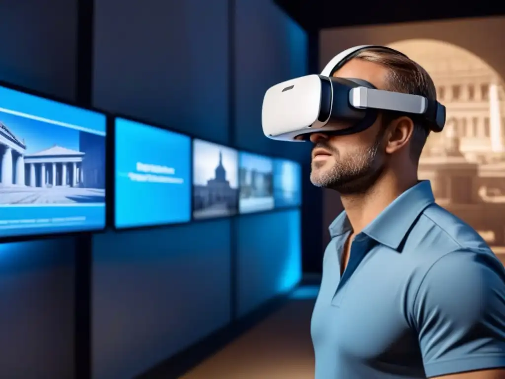 Arquitecto restaurando edificio histórico con realidad virtual Arquitecto usando realidad virtual para restauración digital de edificio histórico