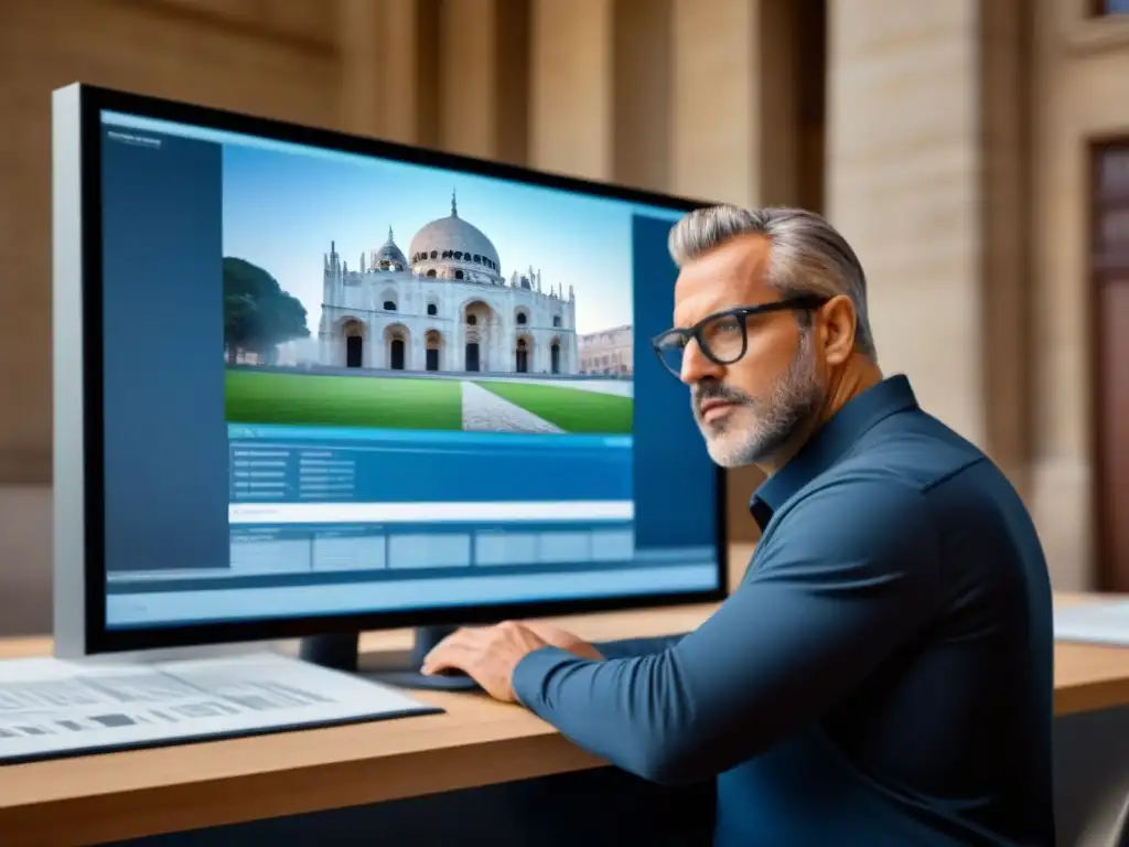 Restauración digital de monumentos: arquitecto experto en BIM Arquitecto usando tecnología BIM para restaurar monumento histórico