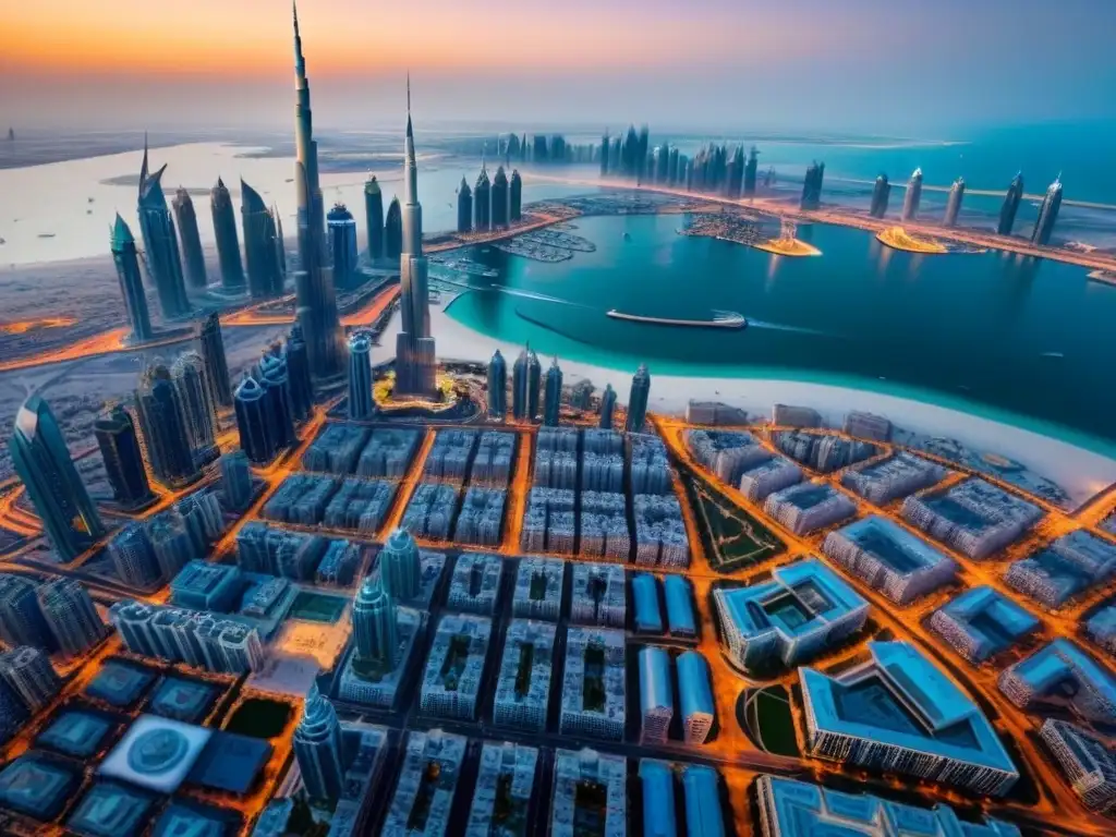 Contraste arquitectónico en Dubai: pasado y futuro en un solo vistazo La evolución arquitectónica de Dubái capturada en su vibrante skyline con Burj Khalifa y Cayan Tower, reflejando el mercado inmobiliario