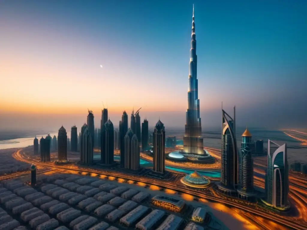 Horizonte de Dubai al atardecer: fusión de tradición y modernidad La evolución arquitectónica de Dubái mercado inmobiliario se refleja en la mezcla de tradición y modernidad de su skyline al atardecer