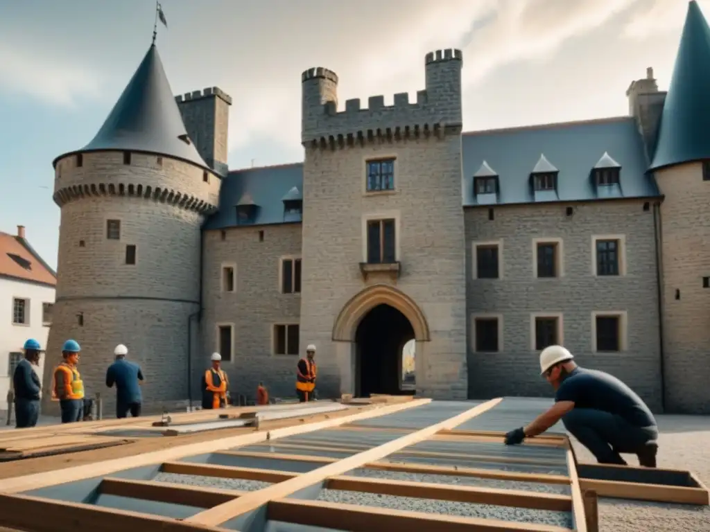 Restauración arquitectónica con materiales tradicionales y modernos en un castillo de piedra histórico