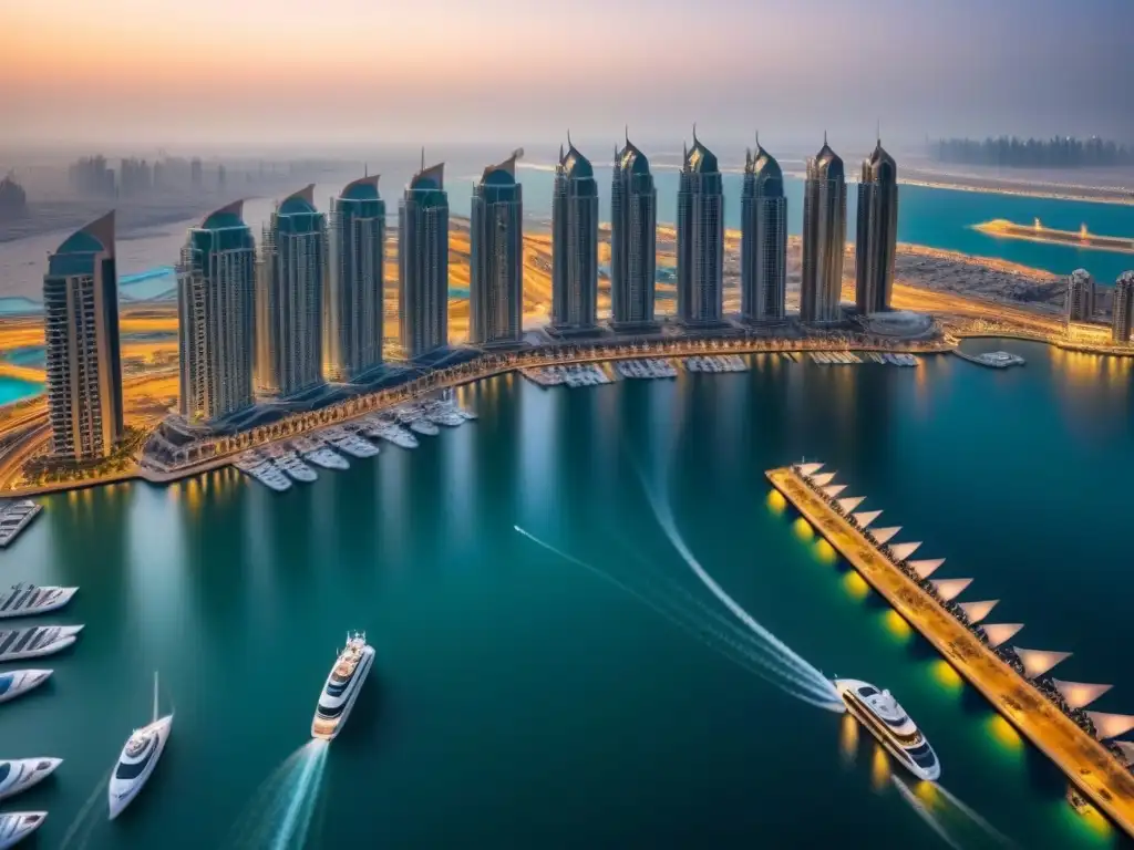 Espléndida vista aérea de la icónica Dubai Marina al anochecer La evolución arquitectónica del mercado inmobiliario de Dubái se refleja en el icónico skyline de la Marina