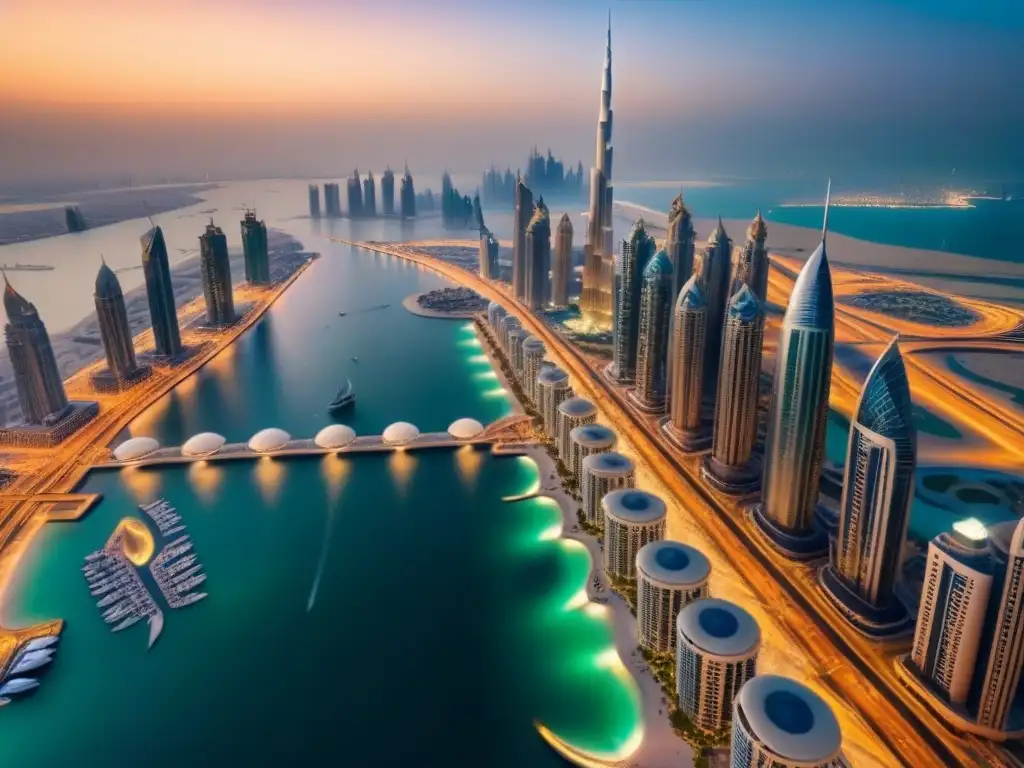 Skyline de Dubai: evolución arquitectónica de tradicional a moderna La evolución arquitectónica del mercado inmobiliario en Dubái, desde lo tradicional a lo moderno, reflejada en su vibrante skyline al anochecer
