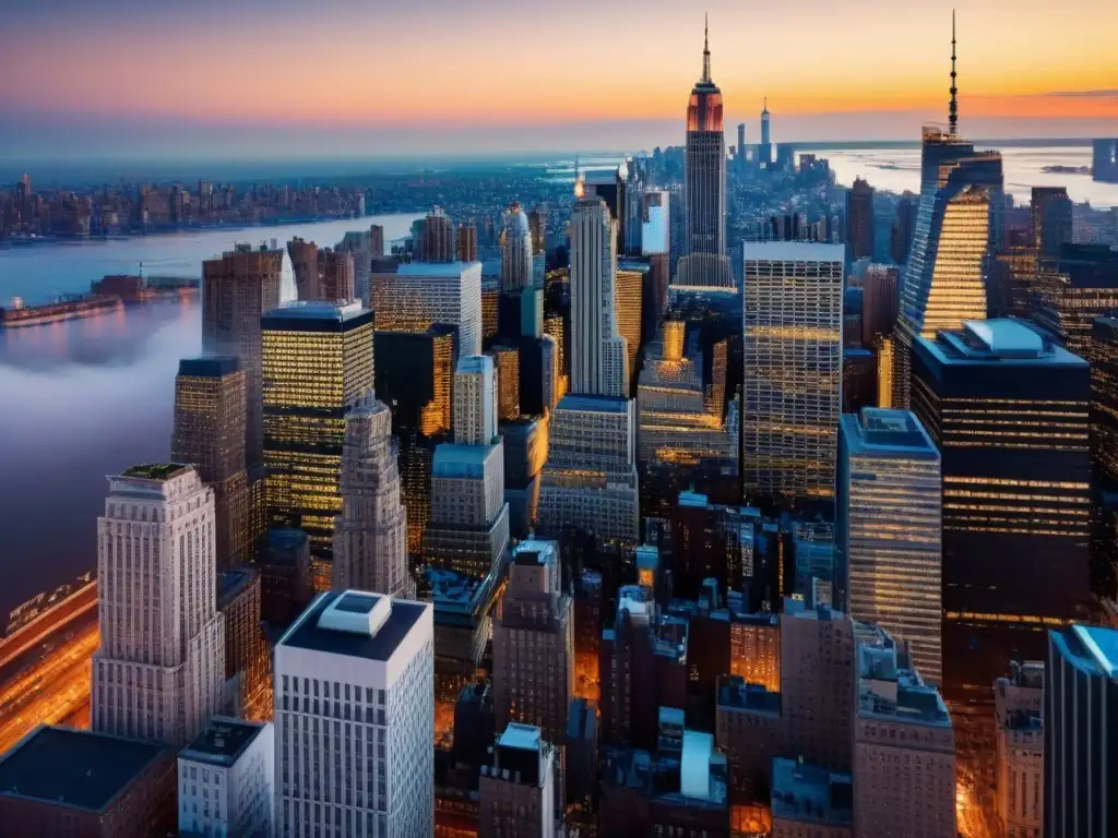 Encanto histórico y modernidad: skyline de Nueva York en 8k La evolución arquitectónica de Nueva York: mezcla de estilos y épocas en un impactante contraste entre edificios históricos y modernos rascacielos