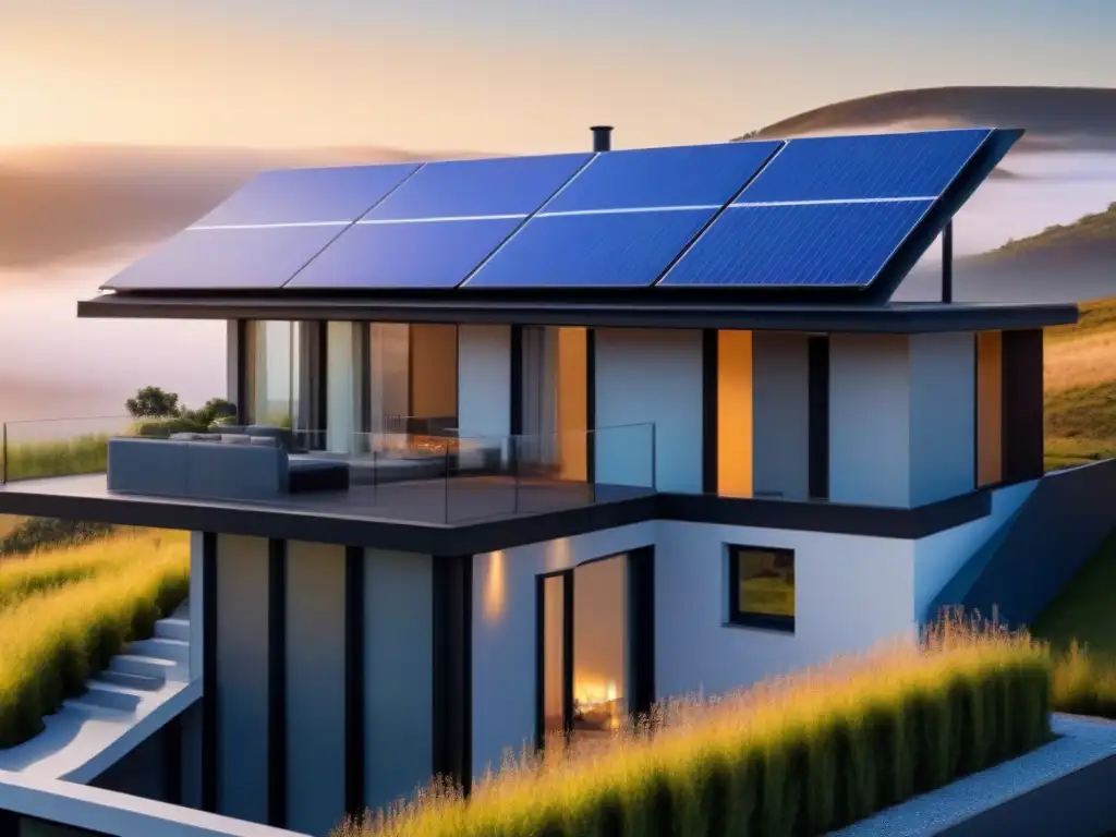 Arquitectura moderna con paneles solares integrados en fachada Diseño arquitectónico innovador con integración de paneles solares, reflejando sostenibilidad y modernidad