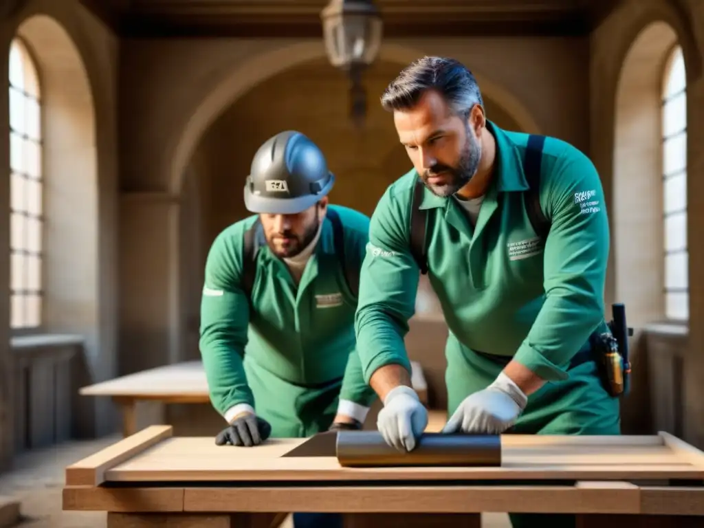 Restauración profesional de edificio antiguo por expertos arquitectos Arquitectos restaurando una edificación histórica con técnicas modernas, preservando detalles arquitectónicos