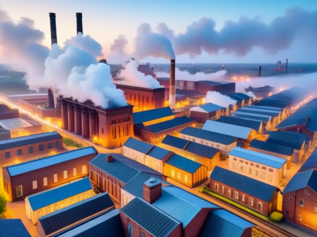 Metrópolis industrial: evolución arquitectónica urbana La evolución de la arquitectura en ciudades industriales, con fábricas antiguas y edificios modernos en un paisaje urbano bullicioso