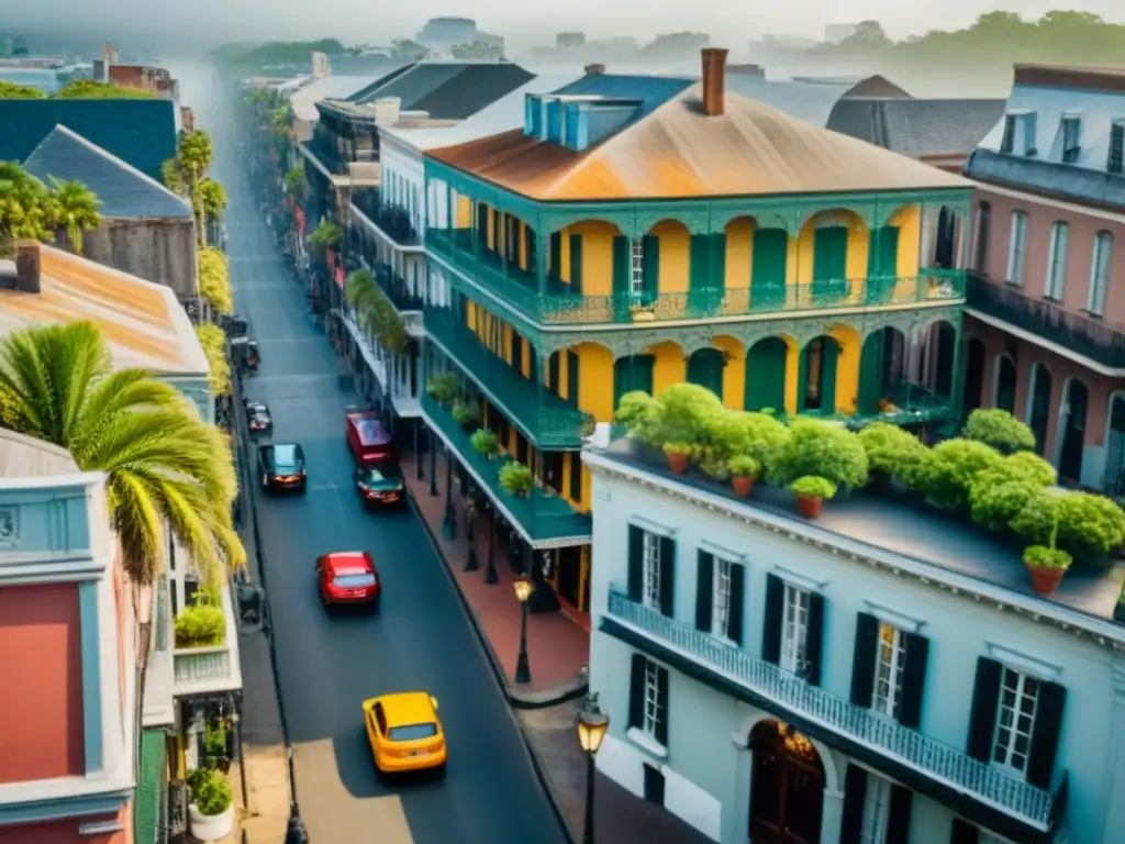 Maravillosa arquitectura colonial en el French Quarter de Nueva Orleans Arquitectura francesa en Nueva Orleans: Vista aérea detallada del Barrio Francés, con su arquitectura colonial y balcones de hierro forjado