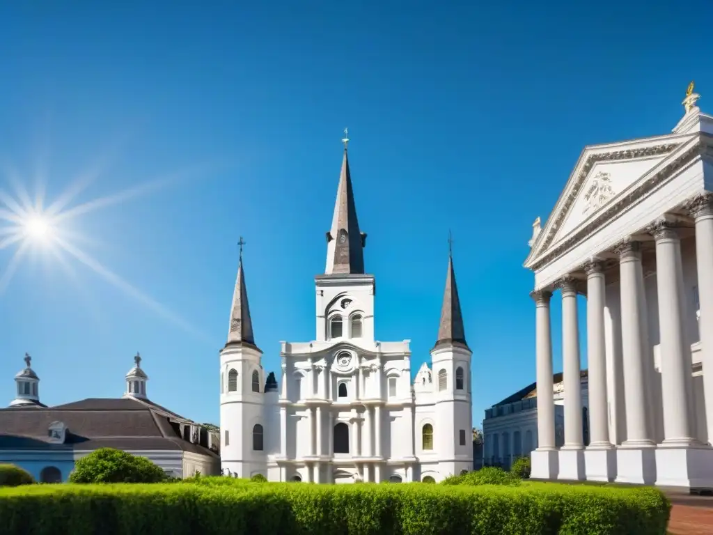 Imponente Catedral de San Luis en Nueva Orleans bajo cielo azul Arquitectura francesa en Nueva Orleans: majestuosa Catedral de San Luis bajo cielo azul, destacando su arquitectura neoclásica y detalles intrincados