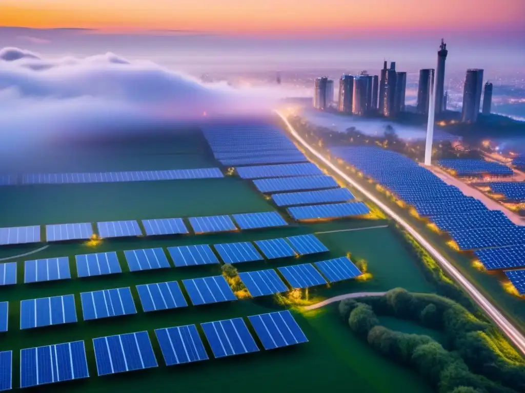 Metrópolis sostenible del futuro al atardecer Arquitectura innovadora en ciudades sustentables: paisaje urbano futurista con paneles solares y turbinas eólicas integradas