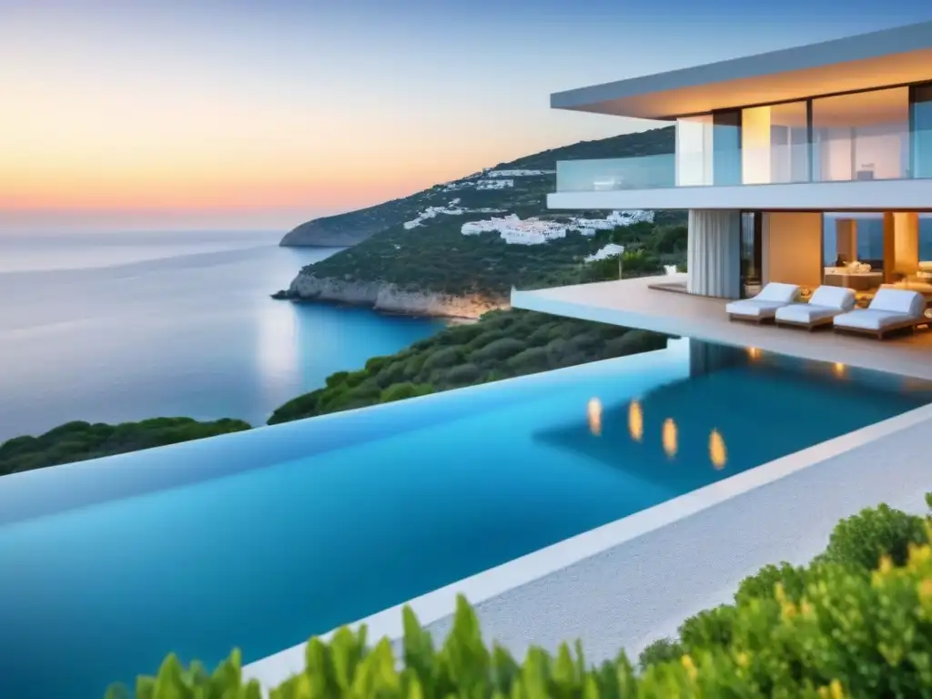 Villa de lujo: arquitectura contemporánea frente al mar en España Diseño y arquitectura mercado lujo: Villa de lujo moderna en acantilado con piscina infinita y vistas al mar Mediterráneo al atardecer
