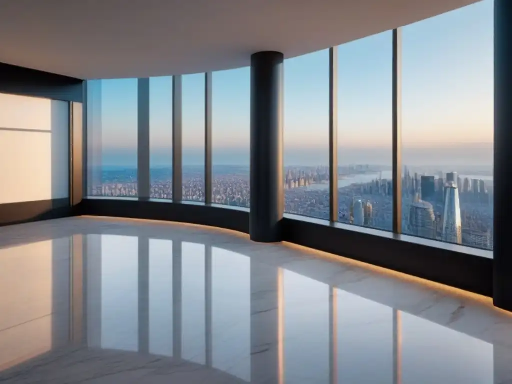 Penthouse moderno de lujo con vistas panorámicas en 8k Diseño y arquitectura propiedades lujo: Lujoso penthouse moderno con vistas panorámicas de la ciudad y elegante diseño interior
