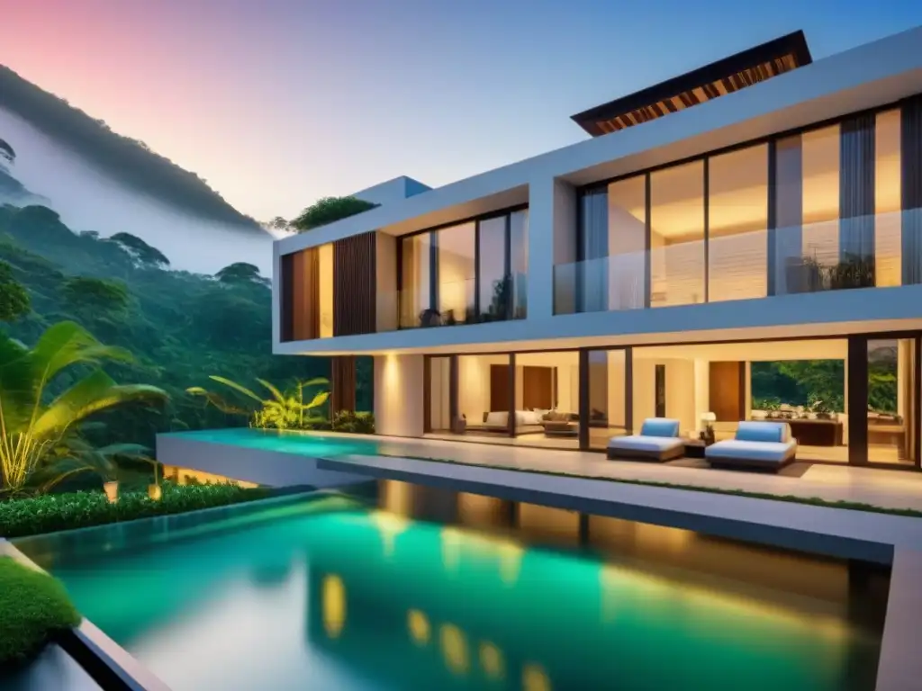 Propiedad de lujo: arquitectura moderna fusionada con cultura local en mercado emergente Diseño y arquitectura propiedades lujo: Casa moderna de lujo con influencias culturales integradas en exuberante entorno natural
